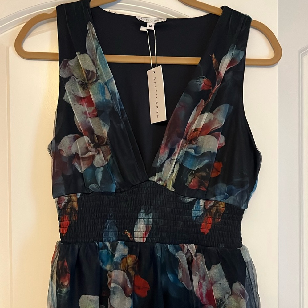 Beautiful semiformal dress. Baltic born. Navy with muted floral pattern.